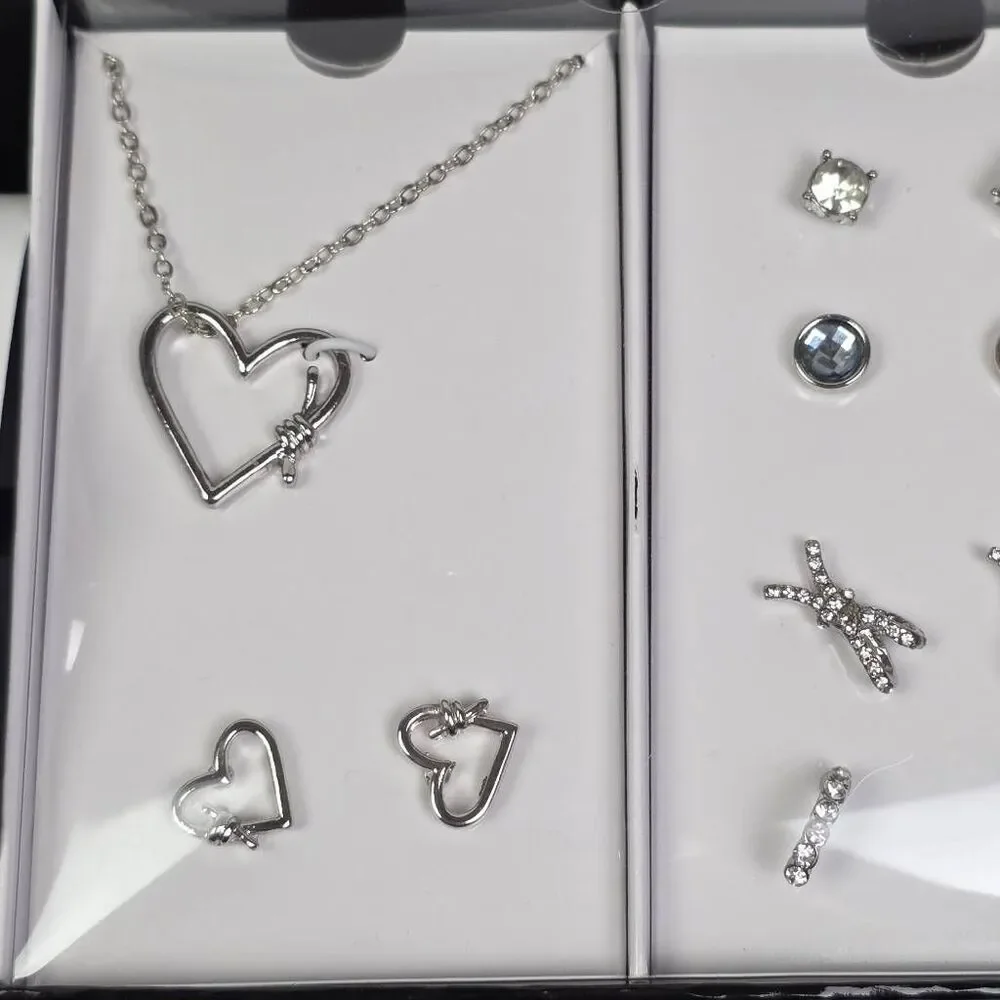 Aeropostale Watch Jewelry Set Necklace Earrings Silver Tone Heart